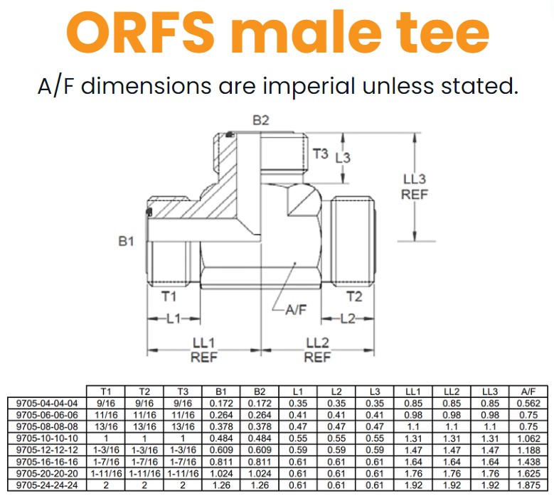 9/16 Orfs M/M/M Tee Hydraulic Adaptor